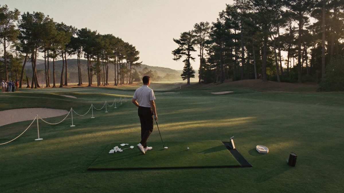 A golfer seen from behind on a practice tee at sunrise, looking down a long tree-lined hole toward a distant green with mist across the valley