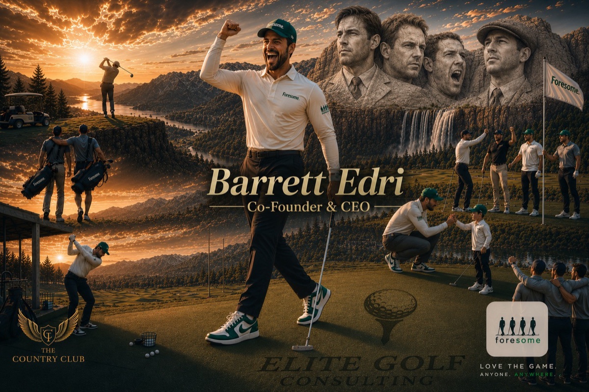 Barrett Edri, Co-Founder and CEO of Foresome, celebrating on a golf course at sunset surrounded by golfers, a Mount Rushmore of golf legends, and the Foresome flag — with The Country Club and Elite Golf Consulting marks