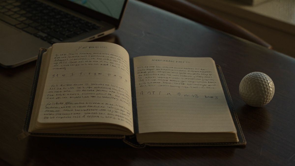 A worn leather notebook of handwritten notes and numbers open on a dark wooden desk beside a laptop, with a single dimpled golf ball resting next to it in soft window light