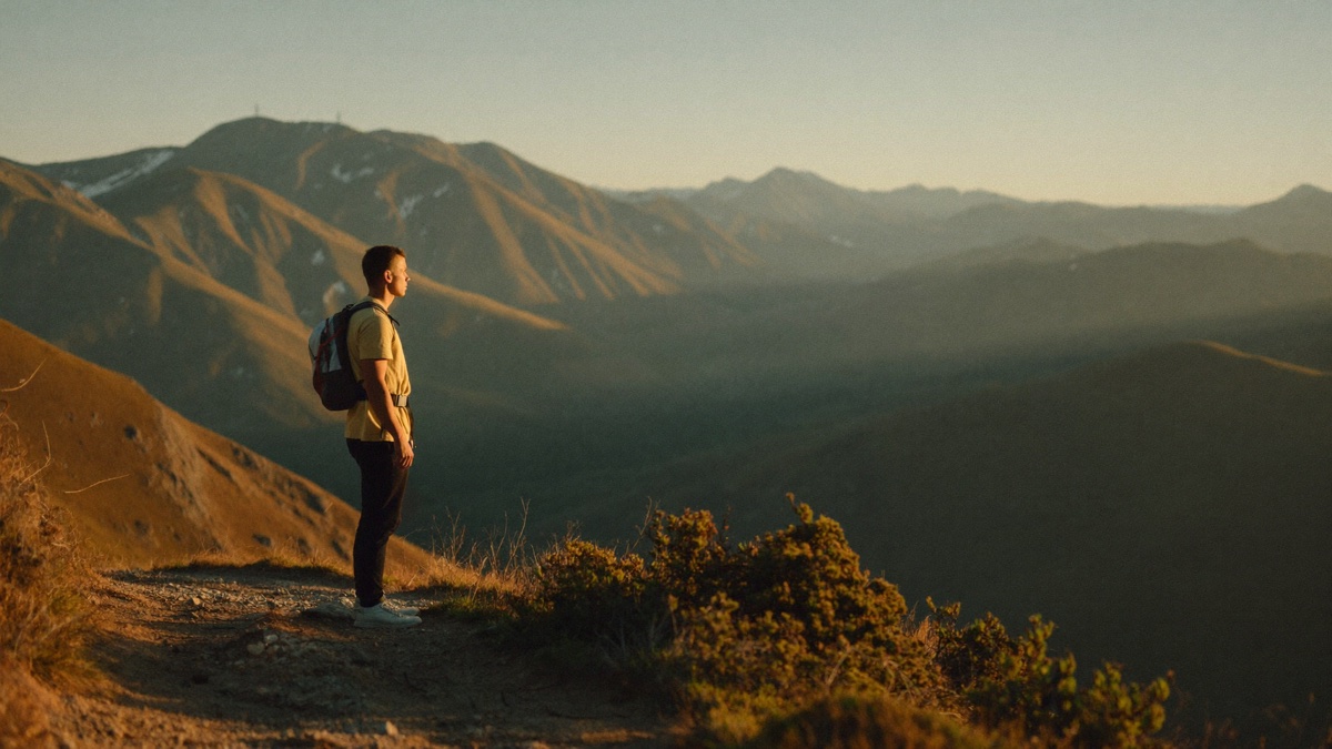 A man with a small backpack standing alone on a mountain trail at golden hour, pausing to take in a sweeping valley view — no golf course in sight