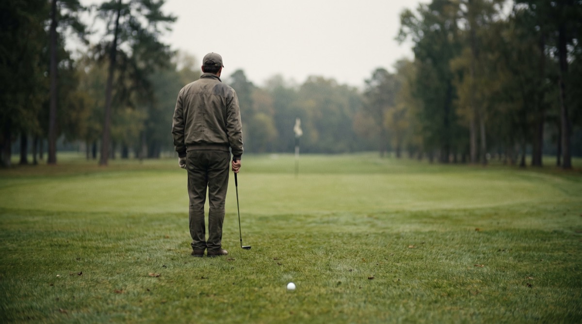 A golfer standing calmly a few steps behind his ball on a parkland fairway, iron at his side, looking down the fairway at a distant flag between tall trees