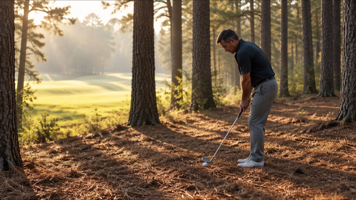 An amateur golfer deep in tall pines at sunrise, standing over his ball on the pine straw with a short iron, set up to chip out sideways toward the sunlit fairway visible through the trunks
