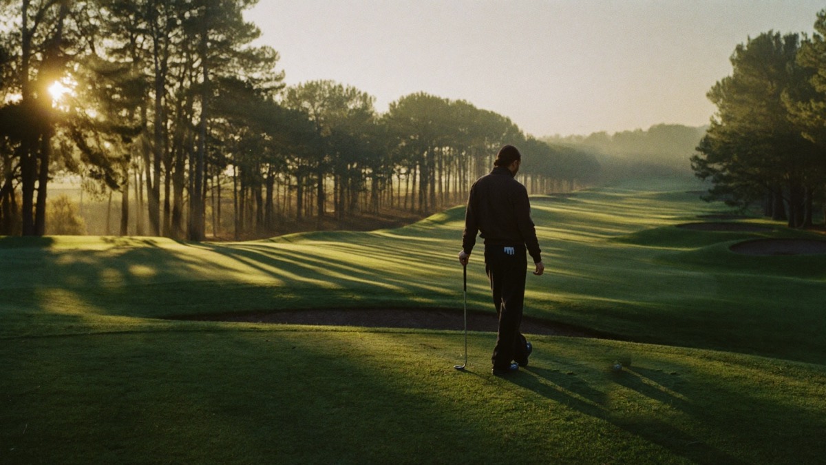 A golfer standing alone on a mown tee at golden hour, an iron grounded beside him, looking down a long tree-lined fairway into low sun