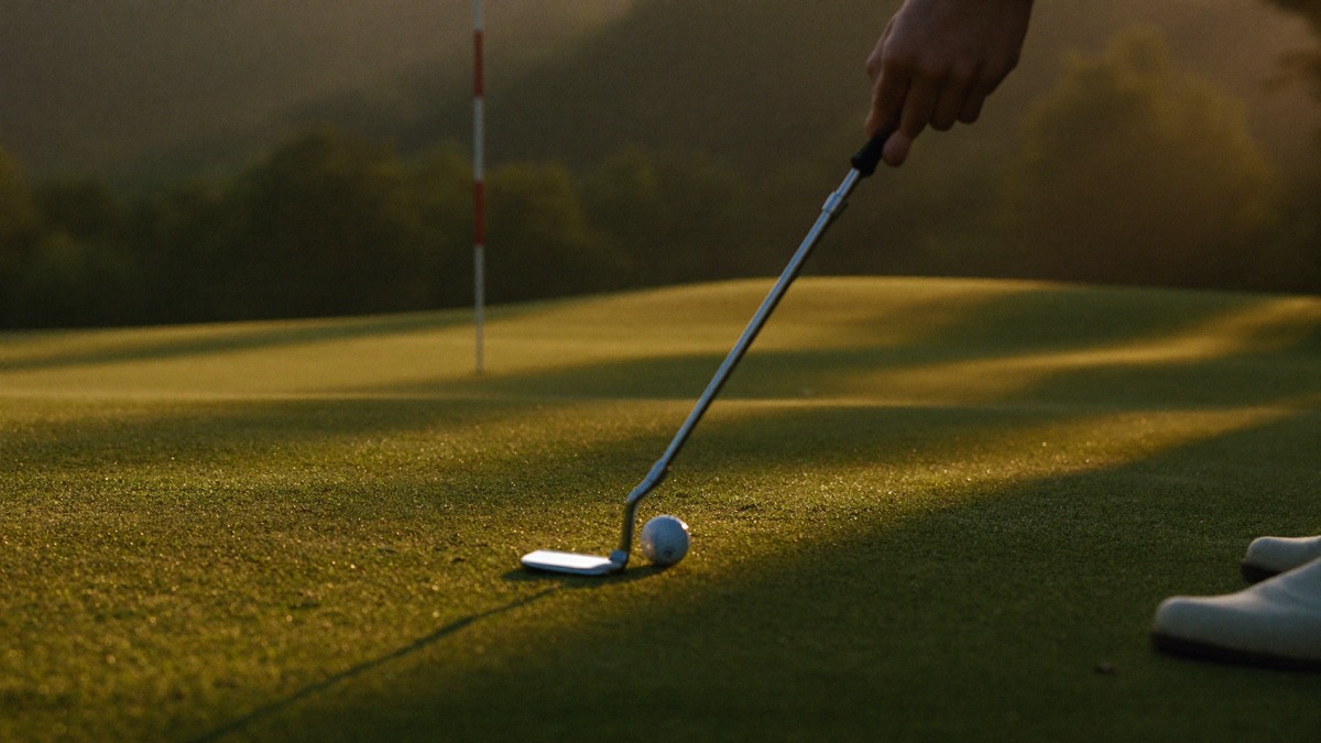Close low view of a blade putter grounded behind a white golf ball on a green at golden hour, flagstick and a golfer's shoes beyond
