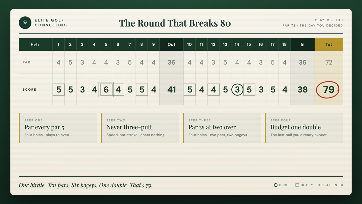 An Elite Golf Consulting scorecard showing a full 18-hole round on a par 72 — 41 out, 38 in — with the total of 79 circled in red pen, plus the four steps of the plan listed beneath