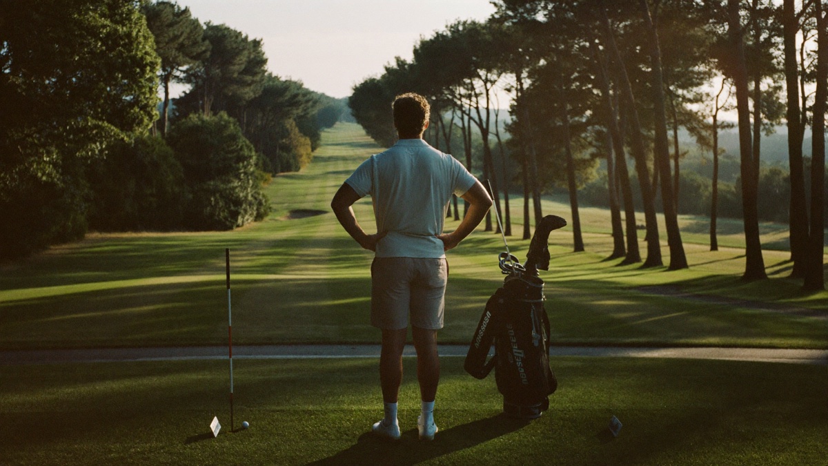 A lone golfer standing on a tee box at golden hour, hands on his hips and his bag beside him, looking down a long tree-lined fairway toward a distant green