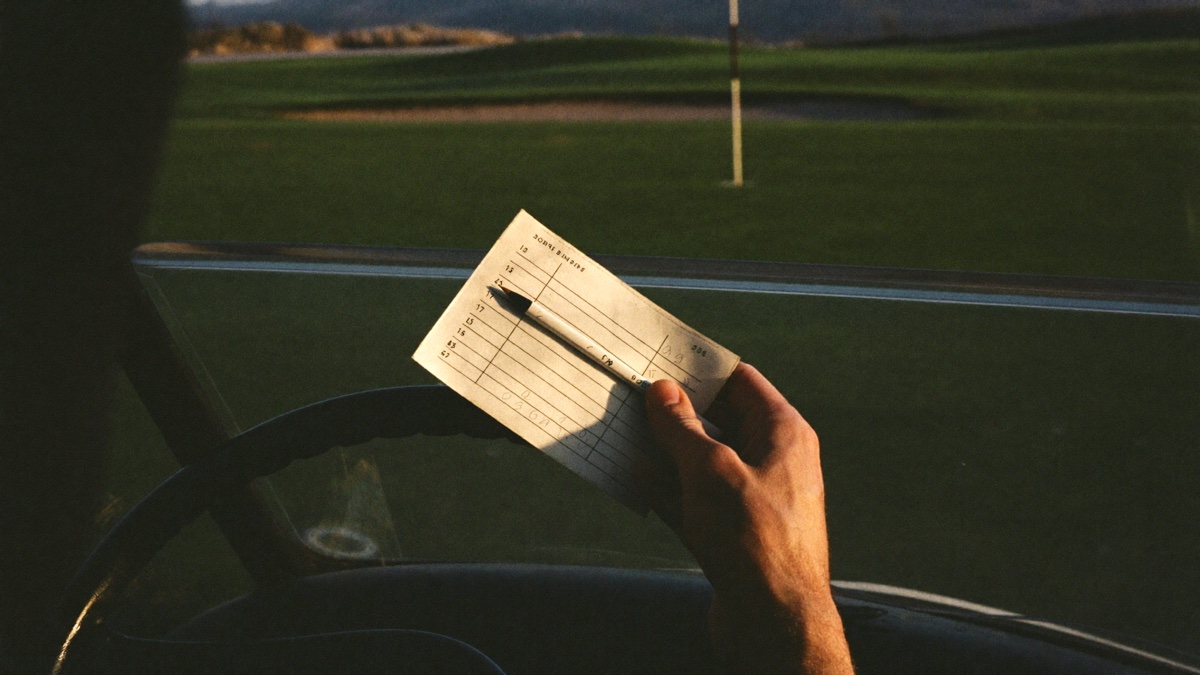 A golfer's hand holding a filled-in paper scorecard and a short pencil against the windshield of a golf cart at golden hour, a green and flagstick catching the last light beyond