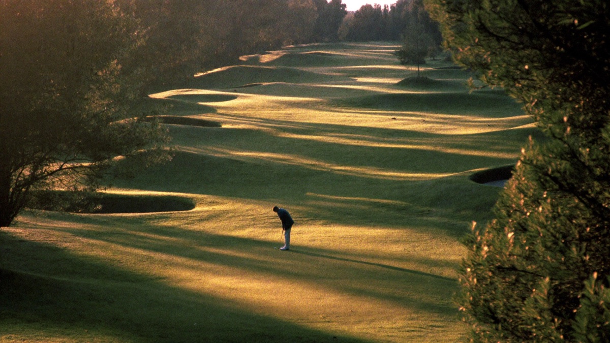 A lone golfer standing over his ball far down a long, rolling, tree-lined fairway at golden hour, low light raking across the humps and bunkers between him and the distant green