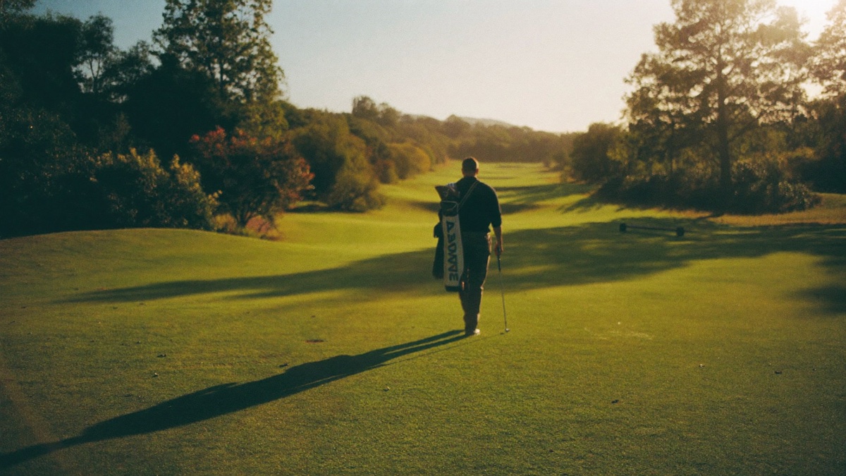 A lone golfer walking up the final fairway of a tree-lined course at golden hour, bag on his shoulder, long shadow stretching across the mown stripes toward a distant flagstick