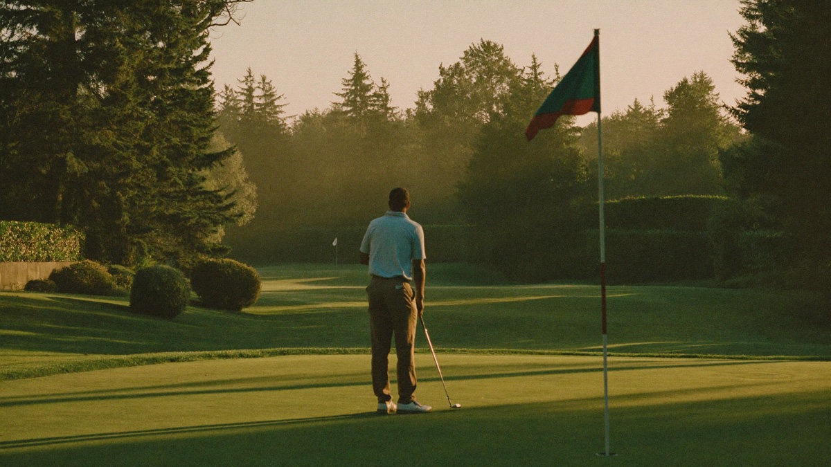A lone golfer standing calmly on the first tee at dawn, driver in hand, morning mist rolling across an old country club fairway in golden light, looking down toward a distant flag