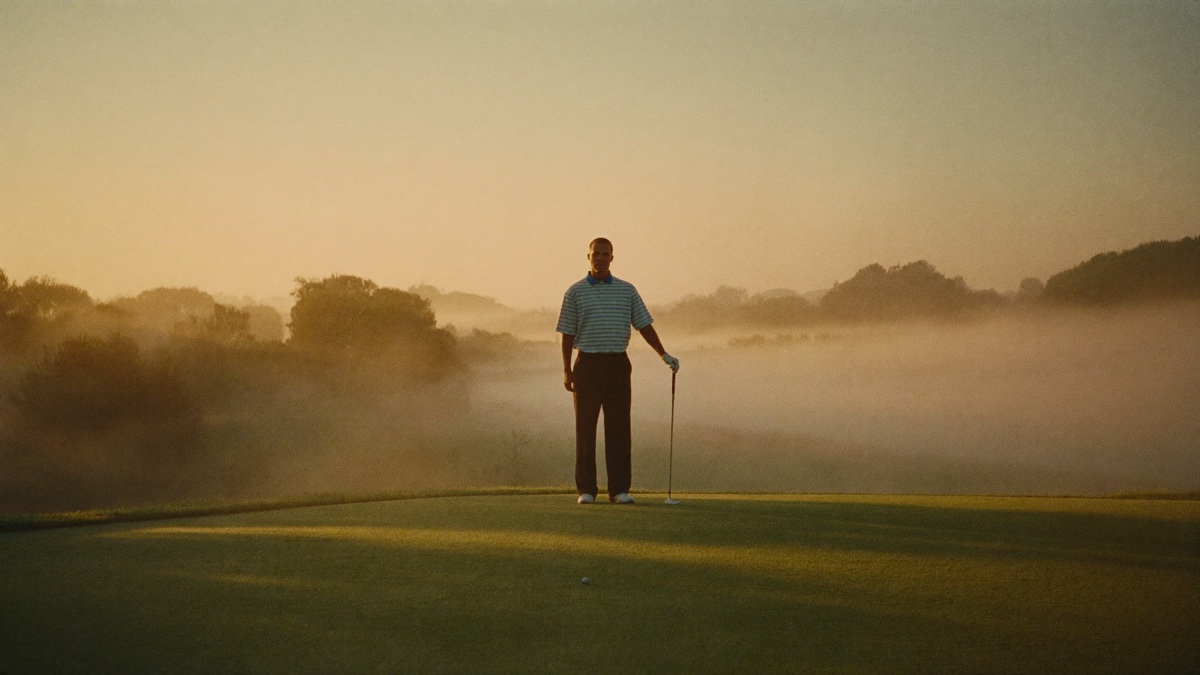 A lone golfer standing calmly on the first tee at dawn, driver in hand, morning mist rolling across an old country club fairway in golden light
