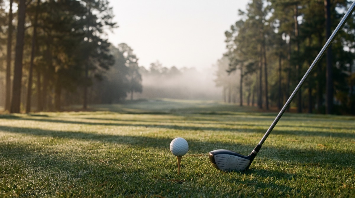 An empty first tee at first light with a golf ball teed up and a driver on the dewy grass, a fairway running away between tall pines in the morning mist