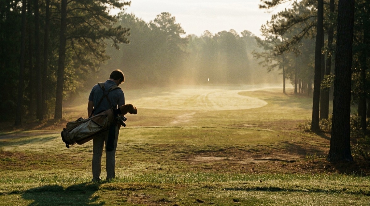 A lone golfer with a stand bag on his shoulder pausing at the edge of the first tee at sunrise, looking down a long empty fairway that curves between tall pines into golden morning mist