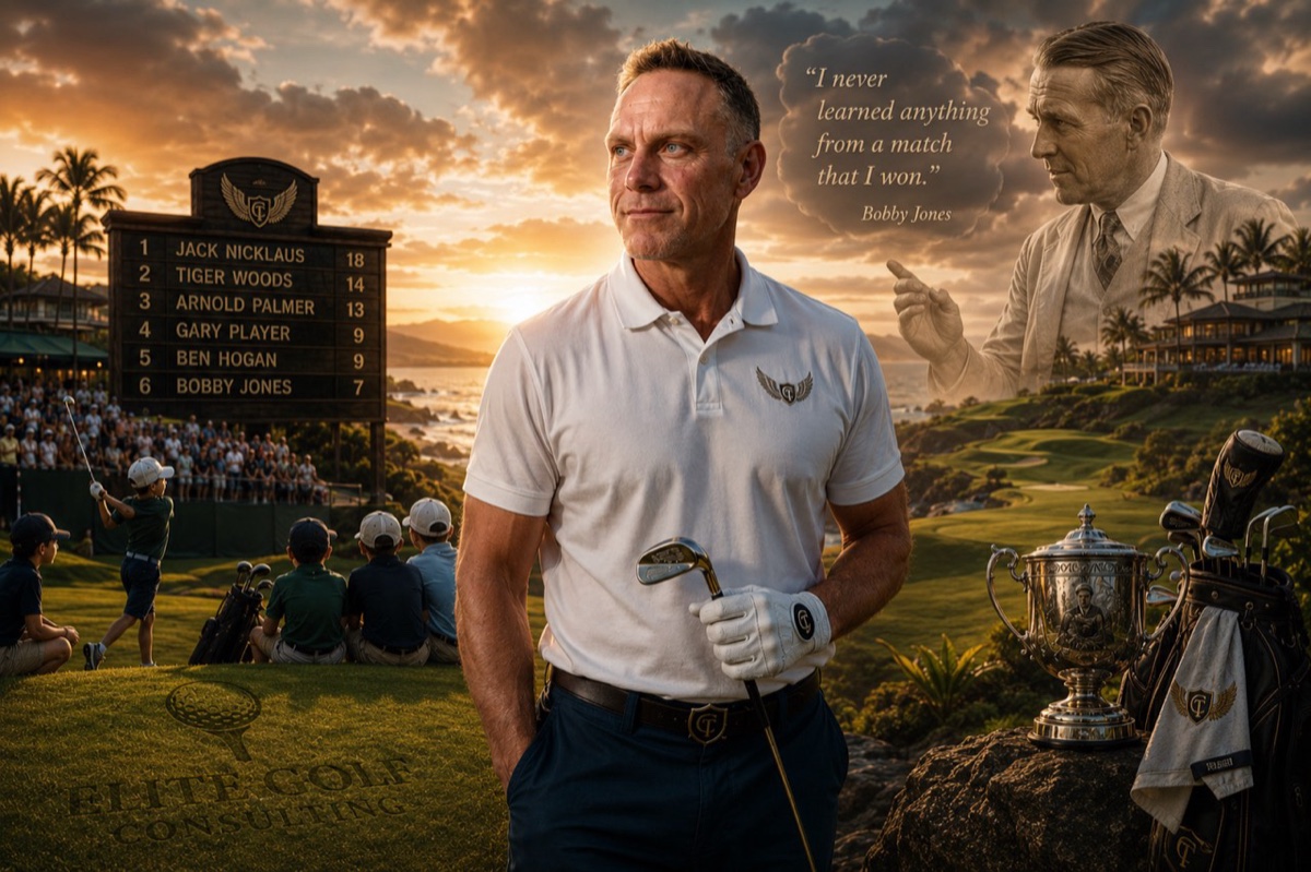 Ryan Byers at golden hour with the Elite Golf Consulting mark, a legends leaderboard, junior golfers watching, and Bobby Jones' line — I never learned anything from a match that I won