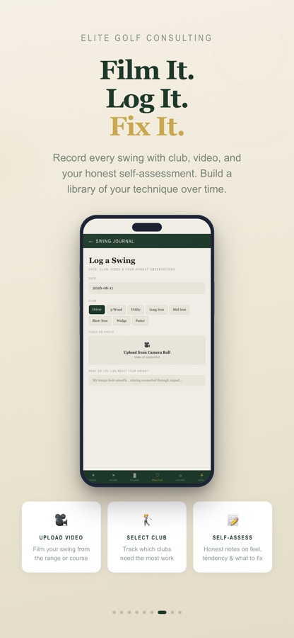 The Swing Journal screen — finish the sentence each day