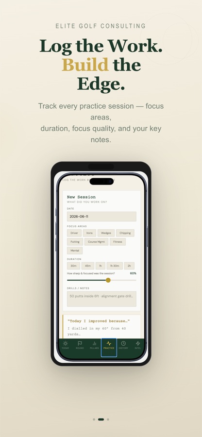 The Practice screen — log every session